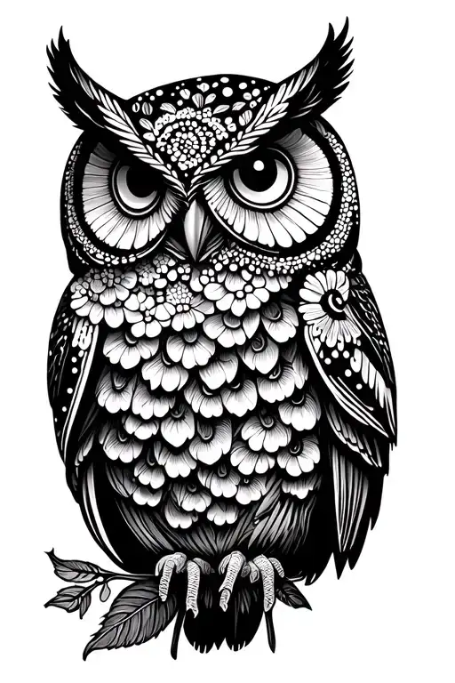 Folk Art Owl And Folk Art Flowers