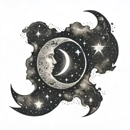 A Mystical Crescent Moon With Intricate Constellations And Alchemical Symbols