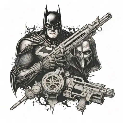 A Dotwork Tattoo Of Batman And John Wick's Weapons And Gadgets Intertwined In A Creative Design
