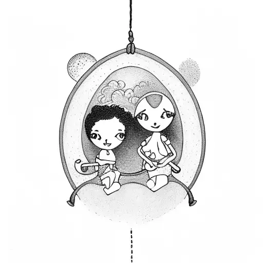 View From Behind Woman And Daughter On A Swing Under A Rainbow Over Looking A Lake