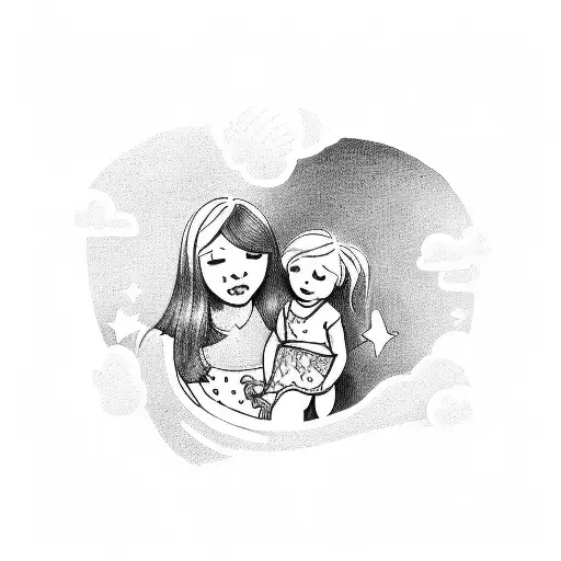 View From Behind Of A Mother And Daughter Sitting On A Swing Under A Rainbow