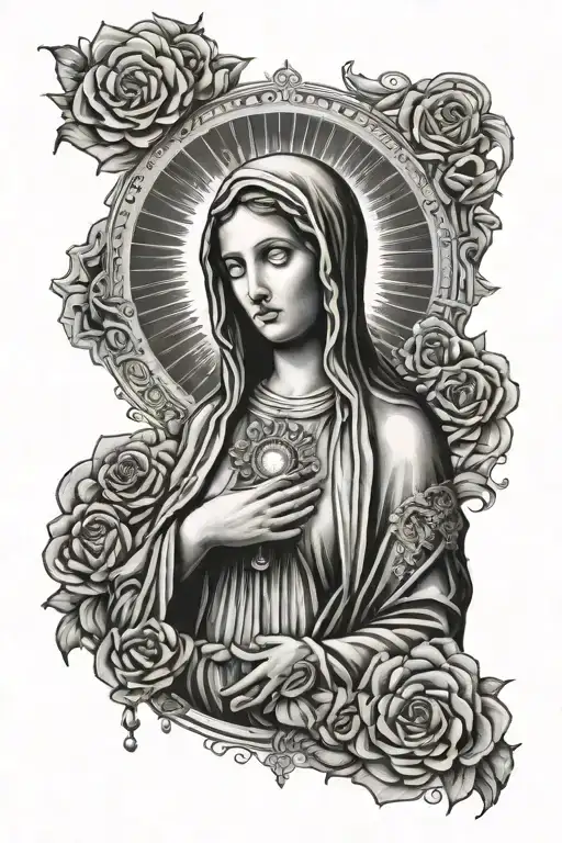 Virgin Mary Fukkbody Surrounded By Circle With Sun Design