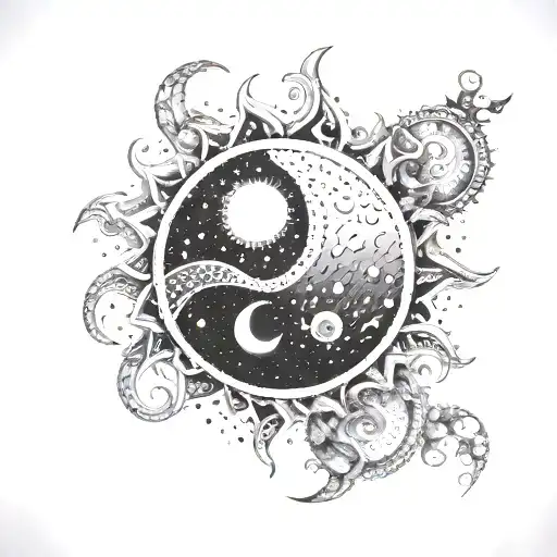 A Detailed Tattoo Of The Sun And Moon Merging Together In A Yin Yang Symbol