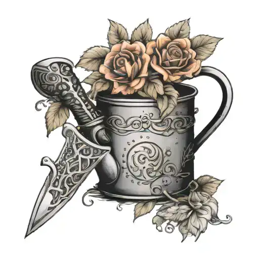 Sword Concealed Behind Back Watering Can In Other Hand