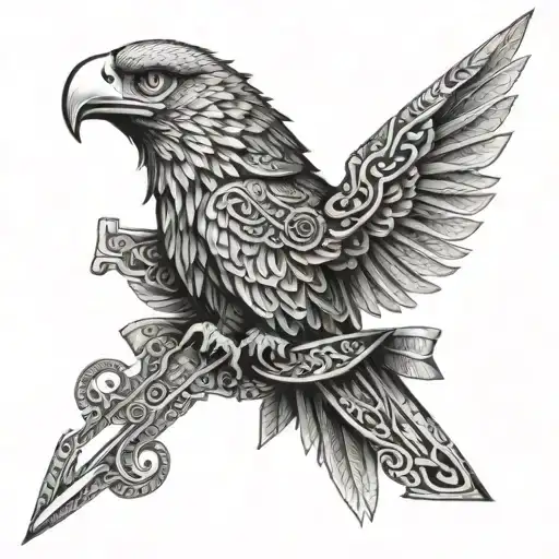 A Collage Of Various Guns And Swords Forming The Shape Of An Eagle With Russian Language Banners