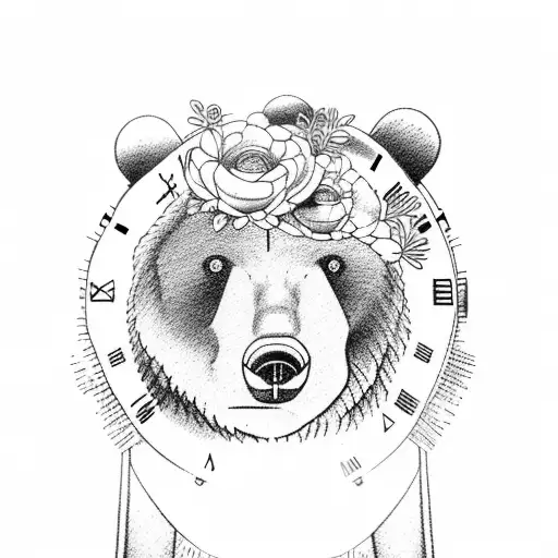 Bear With Clock And Flowers