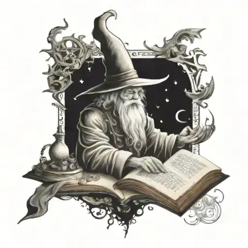 A Tattoo Featuring A Wizard Casting A Spell From A Book Surrounded By Alchemical Symbols