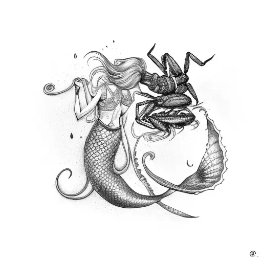 A Mermaid With A Scorpion In The Background Coiling Around Her