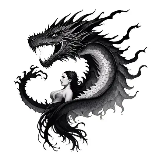 Woman Turning Into Dragon Breathing Fire