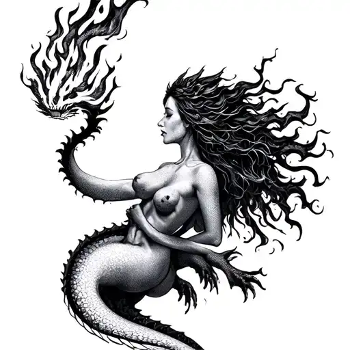 Woman Turning Into Dragon Breathing Fire Simplistic Design