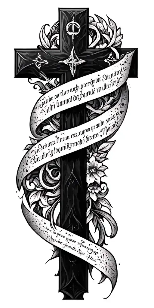 Cross With Hebrew Scripture Incorporated Full Sleeve Tattoo With Lots Of Filler