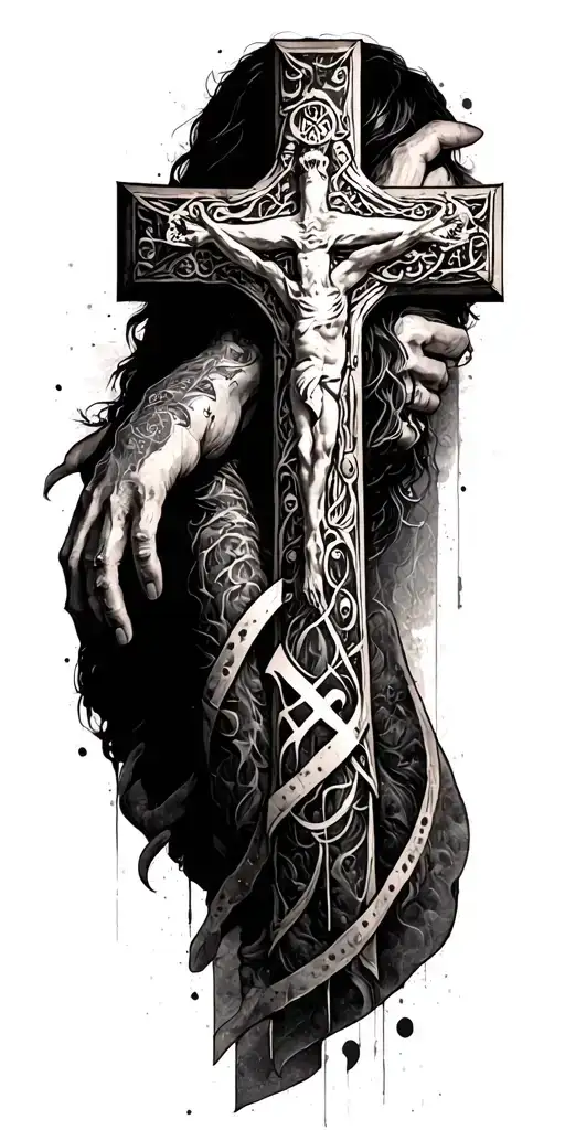 Cross With Hebrew Scripture Incorporated Full Sleeve Tattoo With Lots Of Filler