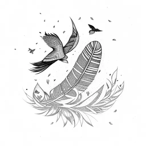 One Feather With Small Birds Flying Away From It