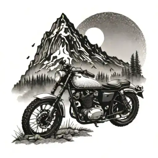 A Serene Mountain Landscape With A Subtle Motorcycle Silhouette Hidden In The Background