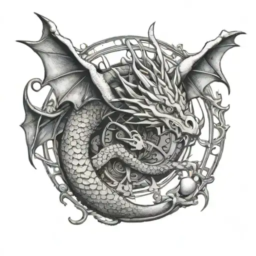 Dragon Coiled Around A Steering Wheel In Dotwork Style