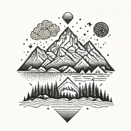 A Dotwork Design Of A Mountain Landscape With Hidden Geometric Shapes And Animals