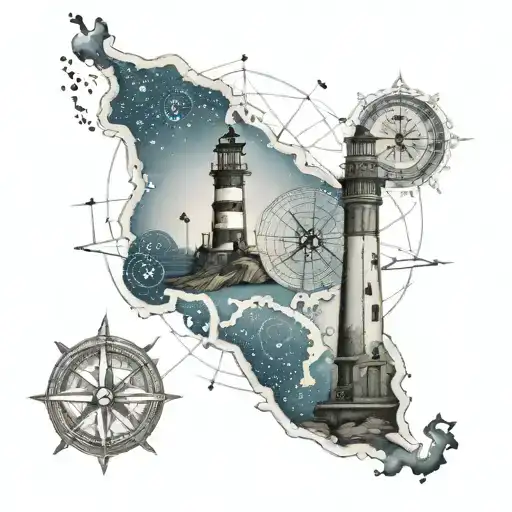 Compas And Lighthouse On A Map Background