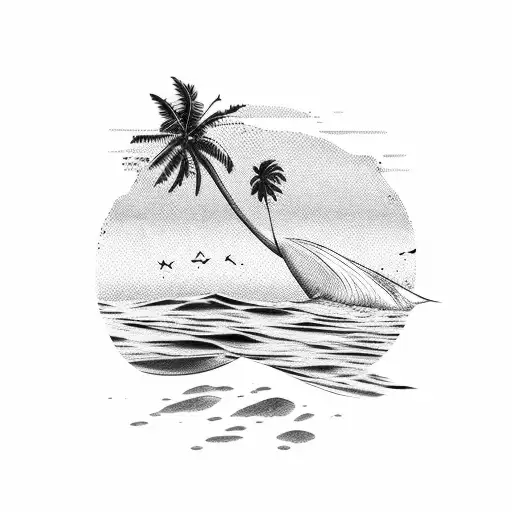 A Calm Ocean Splashing Onto The Sand With A Palm Tree