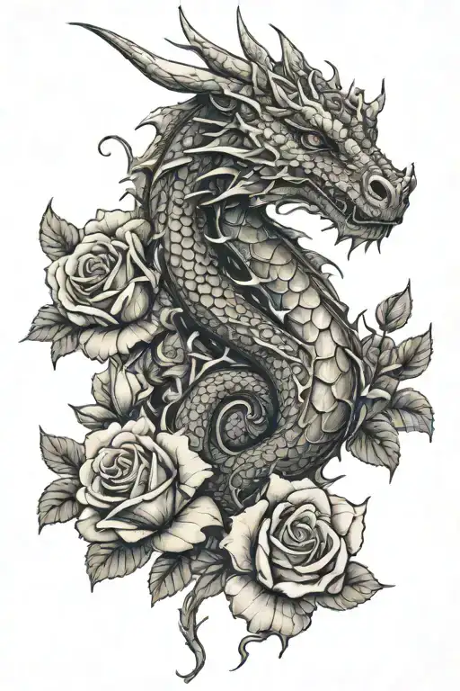 Dragon And Roses Intertwined