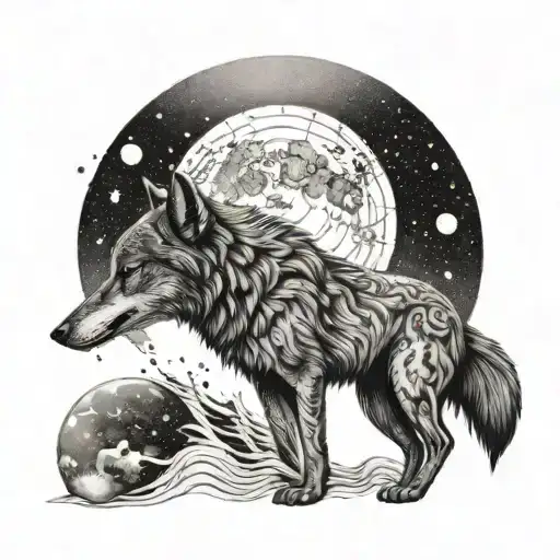 A Wolf Howling At The Moon With Intricate Moon Phases Surrounding It