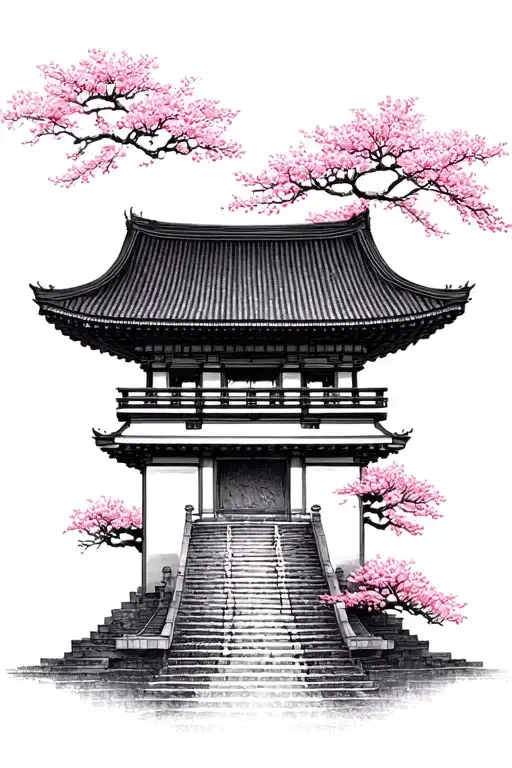Japanese Temples With Cherry Tree