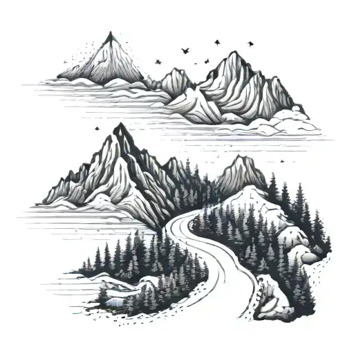 A Minimalist Mountain Range With A Winding Trail Running Through It