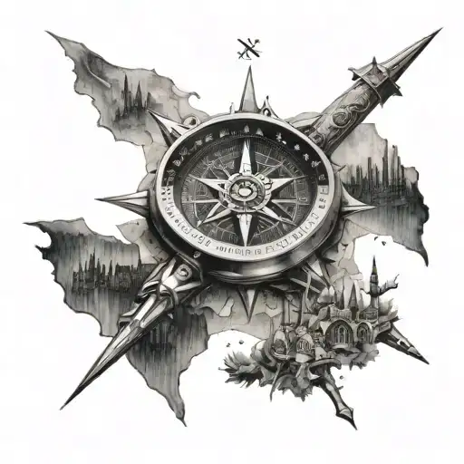 Compass Rose Surrounded By European City Names In Dotwork