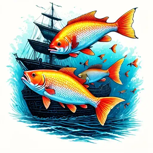 A Dotwork Tattoo Design Of A School Of Colorful Fish Swimming Around A Sunken Shipwreck