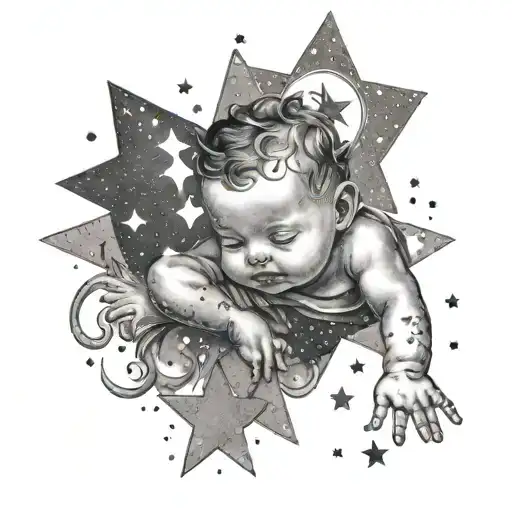 A Celestial-themed Tattoo Of A Baby Boy Reaching For The Stars