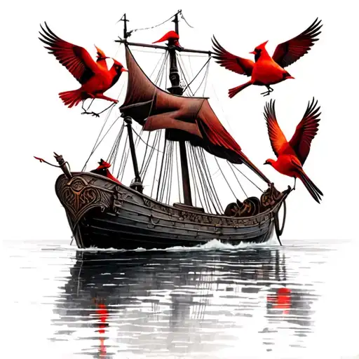 Viking Longship Sailing Through A Scottish Loch Surrounded By Red Cardinals