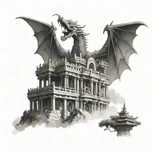 An Ancient Civilization Temple With A Dragon Flying Overhead