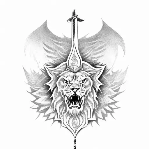 Zulfiqar Sword With Angel Wings On The Ends And Lion Face Ferocious In The Middle Of The Sword