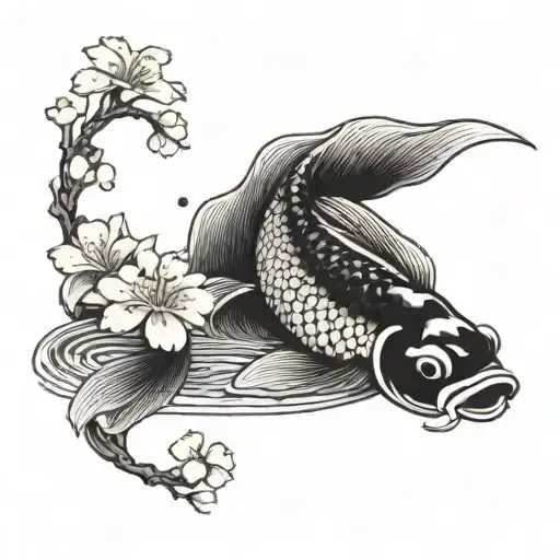 A Traditional Japanese Koi Fish Swimming In A Pond Surrounded By Cherry Blossom Trees