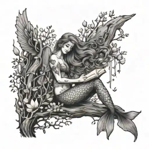 A Mermaid Holding A Book While Sitting On A Tree Branch Overlooking The Ocean