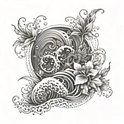 An Intricate Design Of Ocean Waves Intertwined With Blooming Flowers