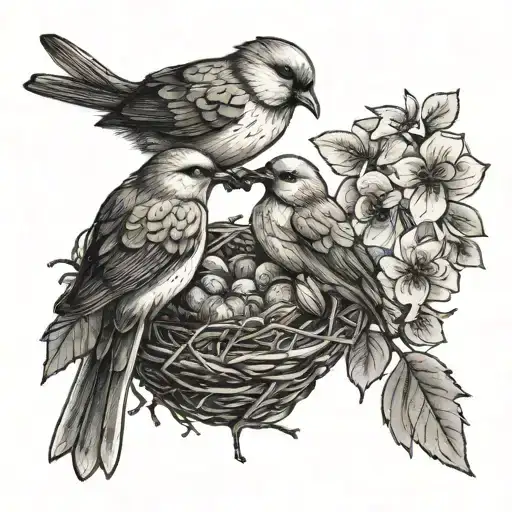 A Mother Bird Feeding Her Baby Birds In A Nest Atop A Cherry Tree