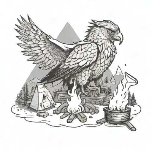A Camping Scene With A Gryphon Roasting Marshmallows Over A Fire