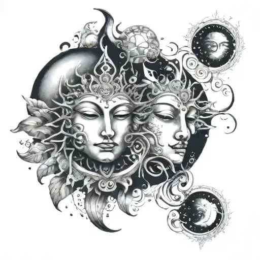 Two Masks Surrounded By Swirling Clouds That Represent The Sun And Moon Celestial Bodies