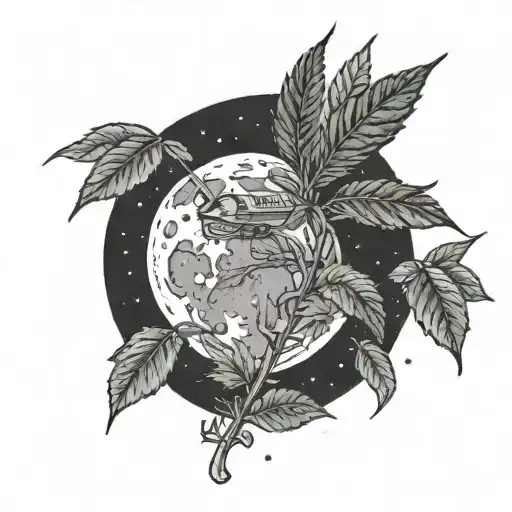 Weed Plant Growing On The Moon With A Spaceship In The Background