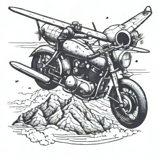 A Motorcycle And A Vintage Airplane Flying Over A Mountain Range