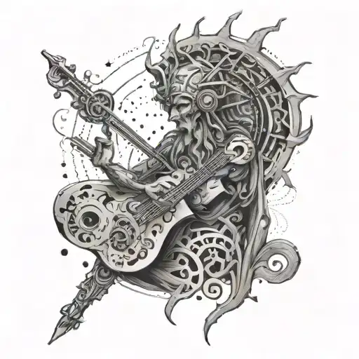 An Ancient God Of Music Surrounded By Futuristic Symbols