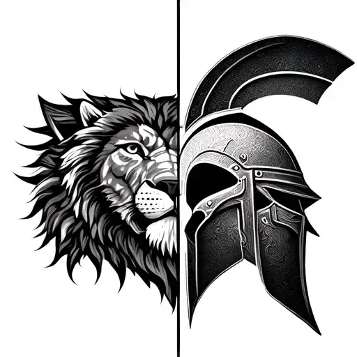 Half Spartan Helmet Half Lion Head Emerging With Small Gap In Between