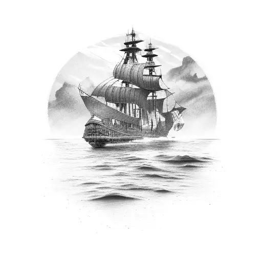 Grey Scale Pirate Ship With Reflection Off Water