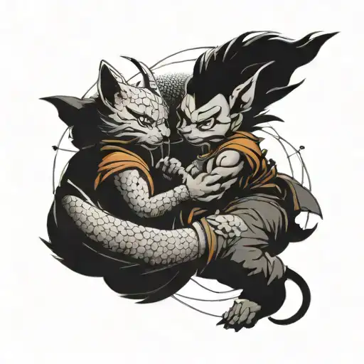 A Tattoo Of A Dragonball Z Character Practicing Martial Arts With A Cat As Their Training Partner