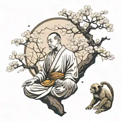 A Shaolin Kung Fu Monk Meditating Under A Cherry Blossom Tree With Monkeys Playing Around