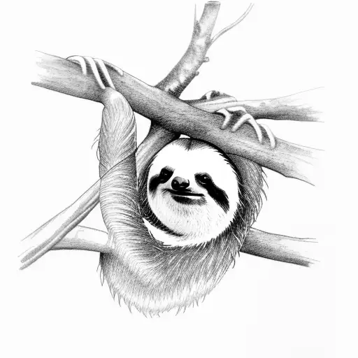 Sloth Hanging From A Tree And Reaching A Weed Plant