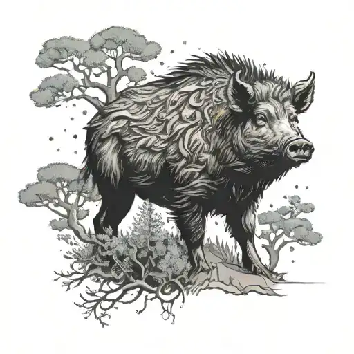 A Boar Under A Juniper Tree With A Wren In Its Branchrs