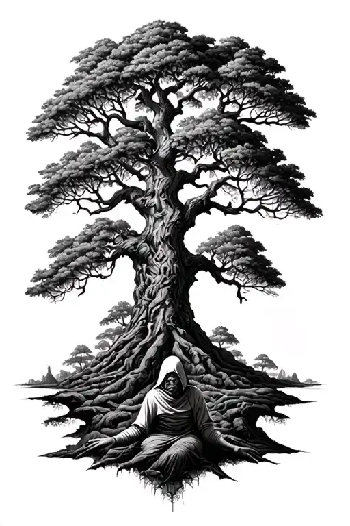 Massive Tree Of Life With Small Hooded Wanderer Sitting At Base Facing The Side