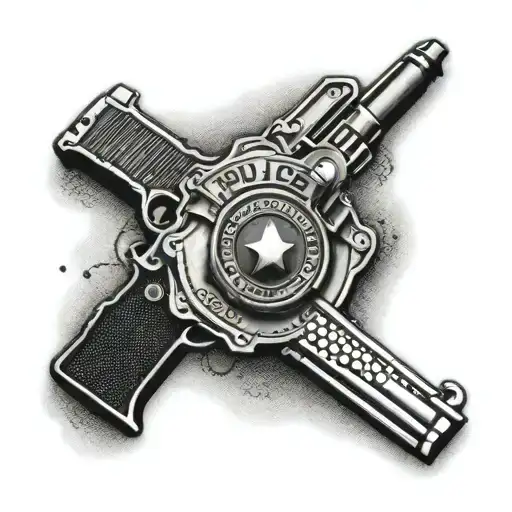 A Police Badge With A Gun And Knife Crossed Behind It