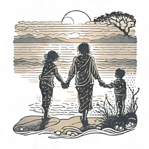 A Silhouette Of A Mother Holding Her Children's Hands On A Peaceful Beach At Sunrise